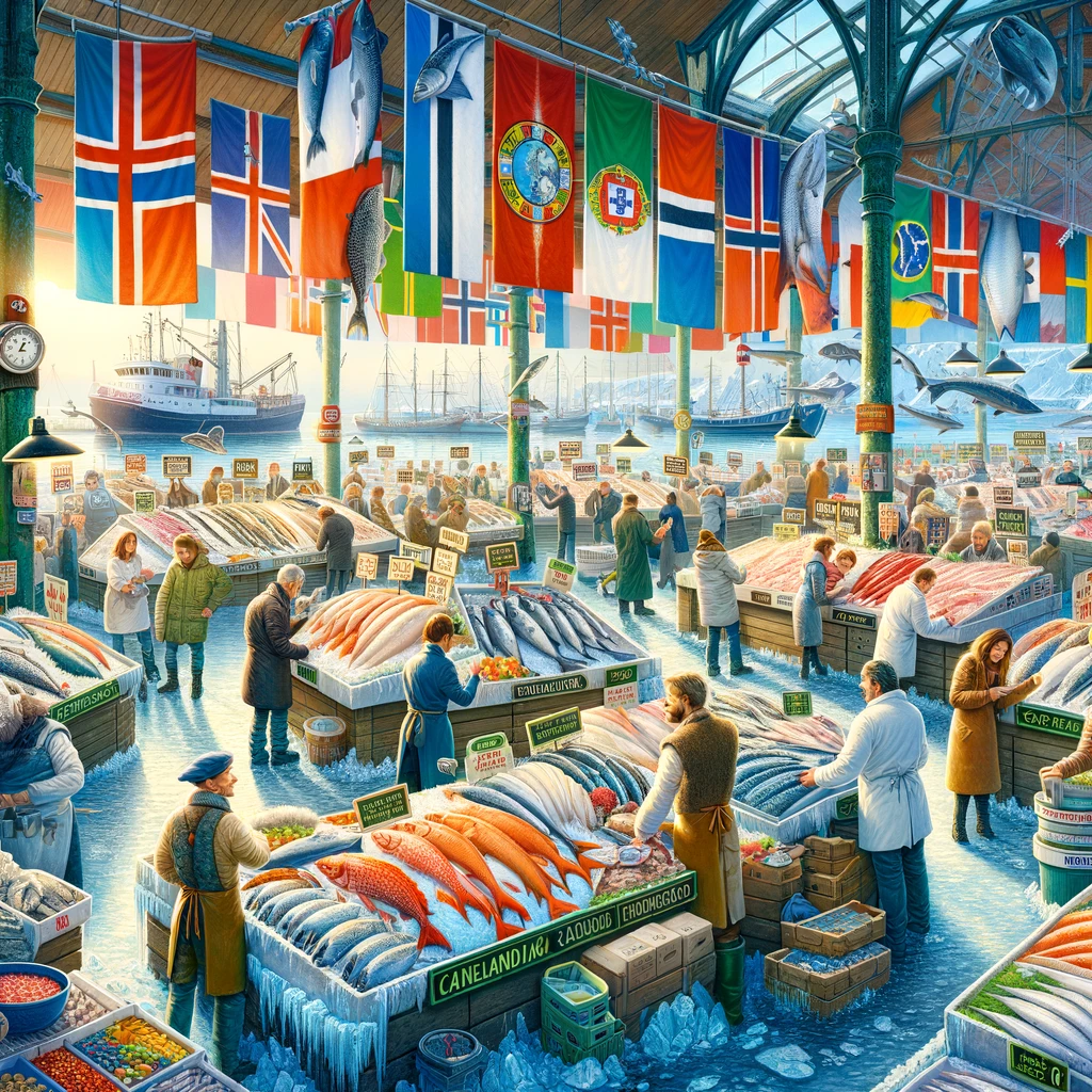 Imagem lúdica de um comercio internacional de peixes