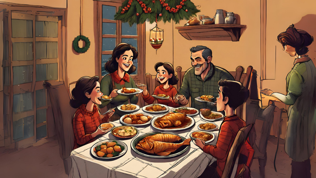 Uma família típica portuguesa comemorando o natal com bacalhau